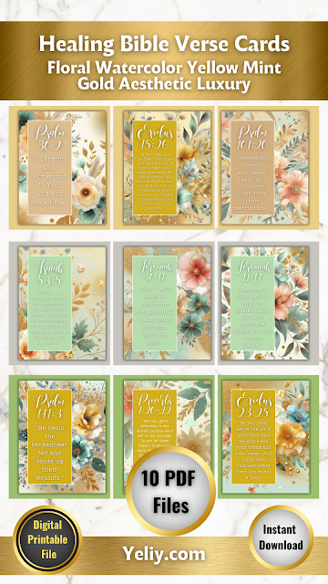 10 Bible Verse Cards For Healing | Printable PDFs | Floral Watercolor Yellow Mint Gold Aesthetic Luxury Design Theme | Cute Background Design | Memorization, Motivation Scripture Cards