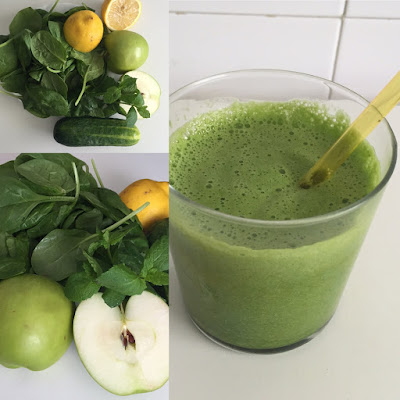 Receta de zumo verde, verduras y frutas.