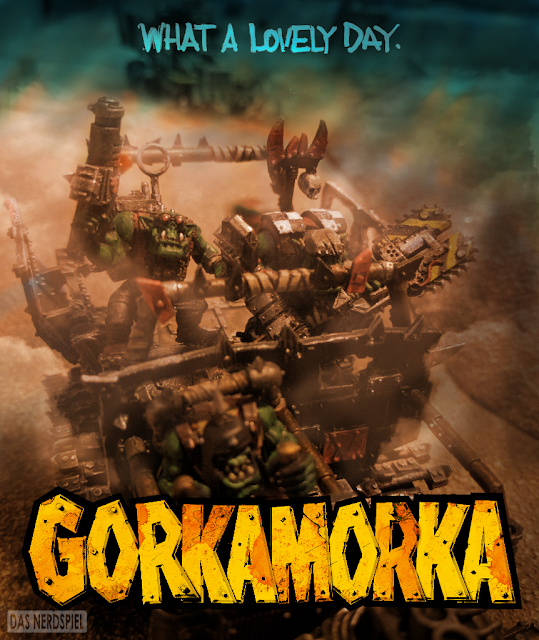 Gorkamorka Poster done in the Mad Max: Fury Road style, with Grizwoad and his crew flying through the desert.  What a Lovely Day.