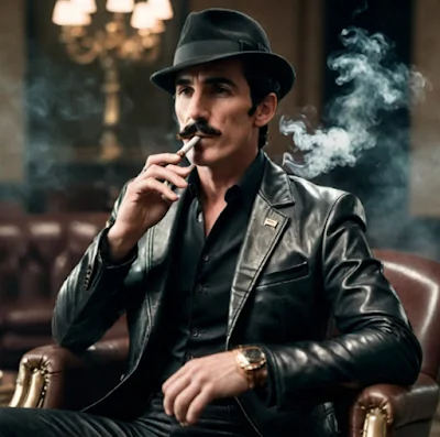Luigi of the Mario brothers sitting outside smoking a cigar wearing a black leather blazer looking mafia tough