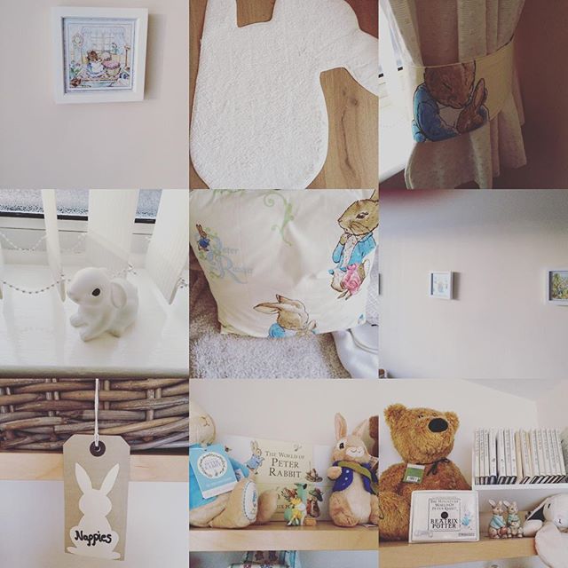 A grid of photos showing bunny themed room items, including peter rabbit books and cushion