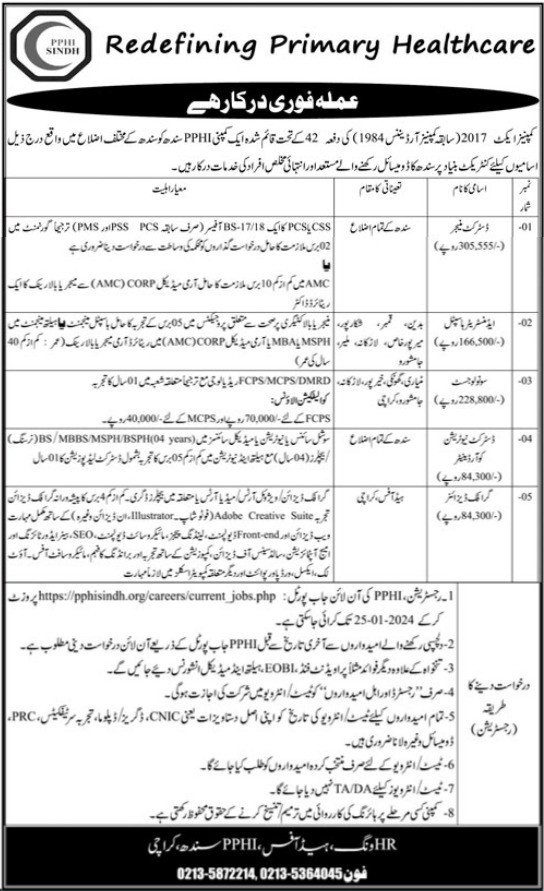 PPHI Sindh Management Jobs In  Karachi 2024