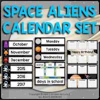  Space Classroom Decor Theme: calendar set (months, days of the week, years, days 1-31, birthday chart in two options, days in school chart.