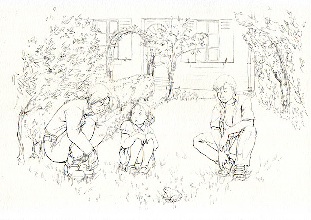 Edward, Alphonse Elric et Elysia Hugues dans un jardin - crayonné FMA