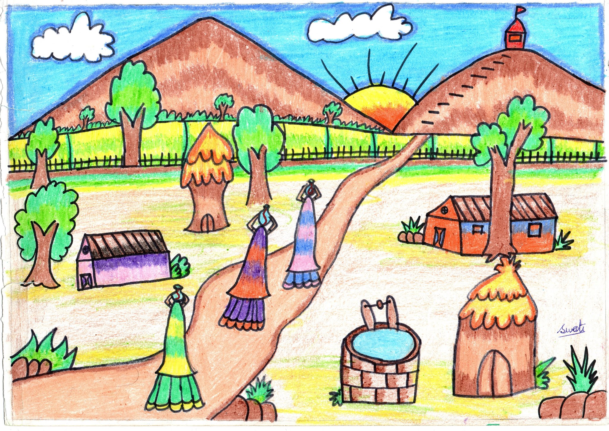 Village Drawing, gaam, gaamadu, gaav