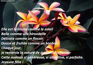 Elle est brillante comme le soleil Belle comme une hirondelle Délicate comme un flocon Douce et fruitée comme un bonbon Chaque jour, je remercie la nature de me l’avoir offerte, Cette maman si généreuse, si attentive, si parfaite. Joyeuse fête !