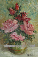 To Please You, 8 x 6 oil painting of red and pink roses in a vase, by Clemence St. Laurent