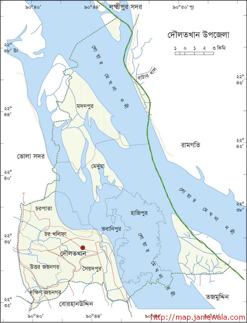 দৌলতখান উপজেলা মানচিত্র, ভোলা জেলা, বাংলাদেশ