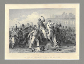 Battle scene described below captioned "Death of Colonel Finnis at Meerut"