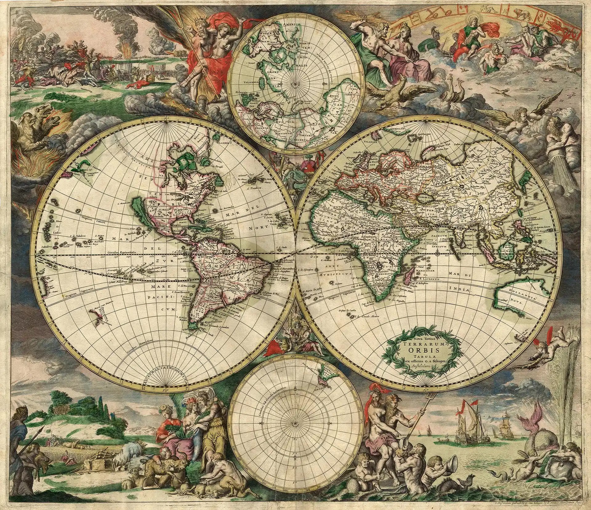 Historical world map created in 1689 by the Dutch cartographer Gerard van Schagen.