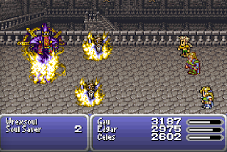 The party battles Wrexsoul, the demon inhabiting Cyan's Dream in Final Fantasy VI.