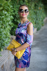 satin mini dress, round sunglasses, paisley dress, Fashion and Cookies, fashion blogger
