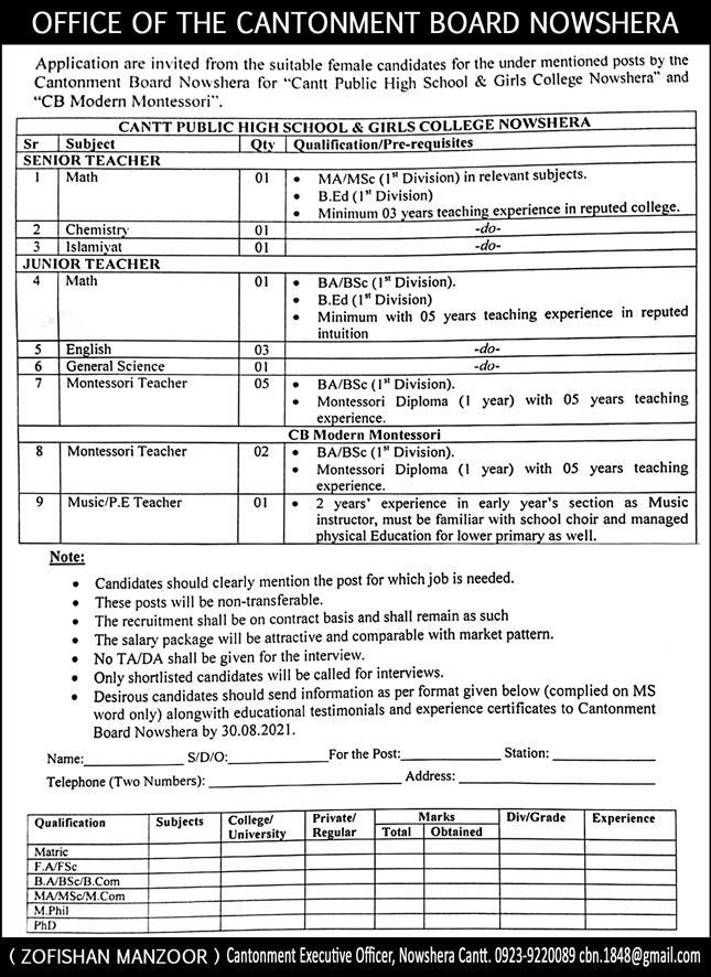 Cantt Public High School & Girls College Nowshera Jobs 2021