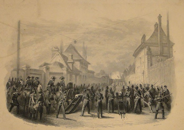 La barricade de Saint Julien dans le quartier Saint Sever en avril 1848 ( gravure Bellangé)
