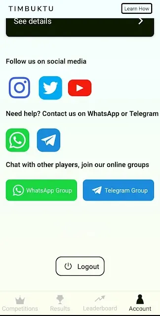 Social media option of Timbuktu app.
