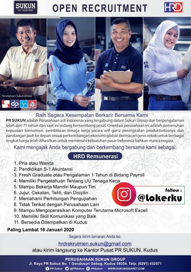 Lowongan Kudus Kerja Sebagai HRD Remunerasi di Kantor Pusat PR SUKUN Kudus, untuk informasi kualifikasi dan alamat pengiriman berkas Lowongan Kudus Kerja Sebagai HRD Remunerasi di Kantor Pusat PR SUKUN Kudus dapat dilihat pada gambar dibawah ini