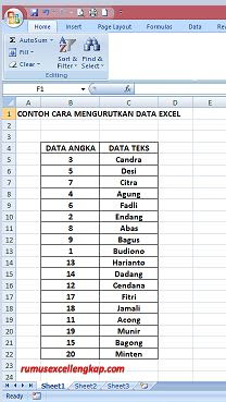 contoh data mengurutkan di excel