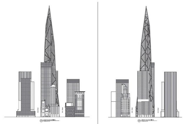 Two illustrations of Tower Verre from left and right sides