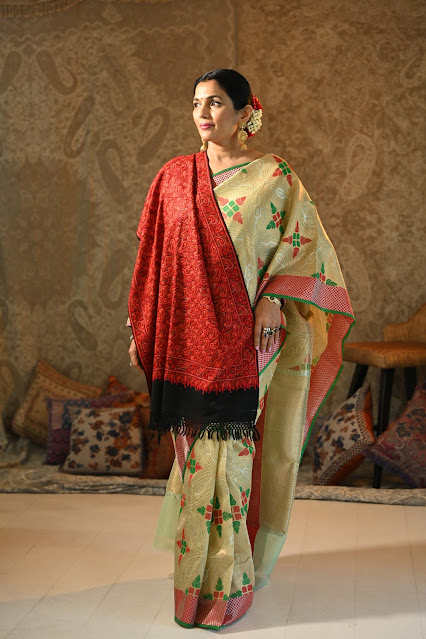 Kota doria saree worn with a kashmiri shawl