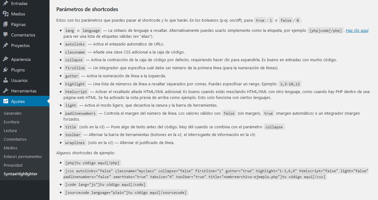 Parámetros de shortcode del plugin SyntaxHighlighter