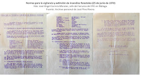 Normas para la vigilancia y extinción de incendios forestales (25 de junio de 1970)  Fdo: José Ángel Carrera Morales, Jefe del Servicio del PFE en Málaga.  Fuente: Archivo personal de José Pino Rivera.