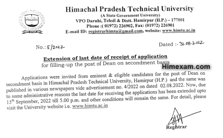 Extension of last date of receipt of application for filling-up the post of Dean :-HPTU Hamirpur