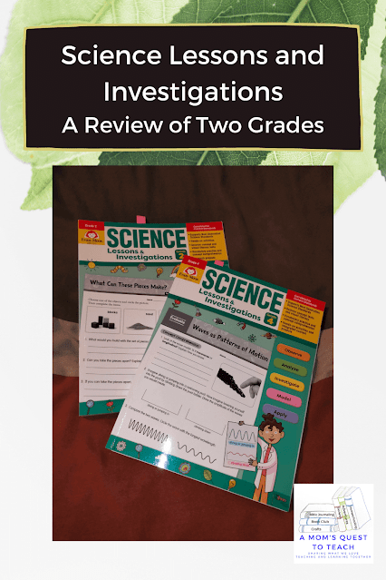 A Mom's Quest to Teach: Science Lessons and Investigations: A Review of Two Grades; both book covers; background of leaves