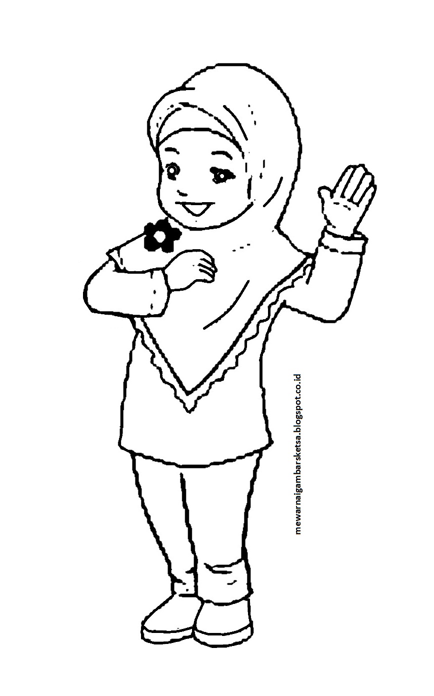 Mewarnai Gambar Mewarnai Gambar Sketsa Kartun Anak Muslimah 1