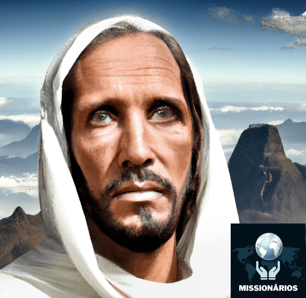 A imagem mostra uma foto realista com a representação de Jesus cristo em cima do monte e olhando para os céus.