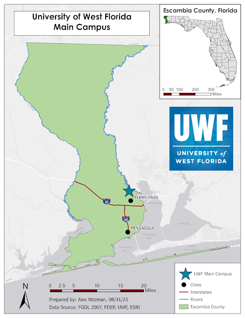 Map showing the UWF Main Campus location in Escambia County, FL