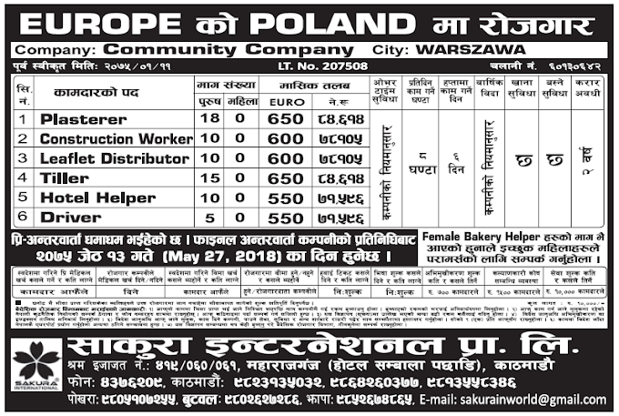 Jobs in Poland for Nepali, Salary Rs 84,614