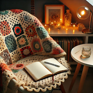 A cozy writing space with a personal touch—a crochet afghan draped over a chair, a journal open to a blank page, and soft lighting that fosters introspection and personal growth.