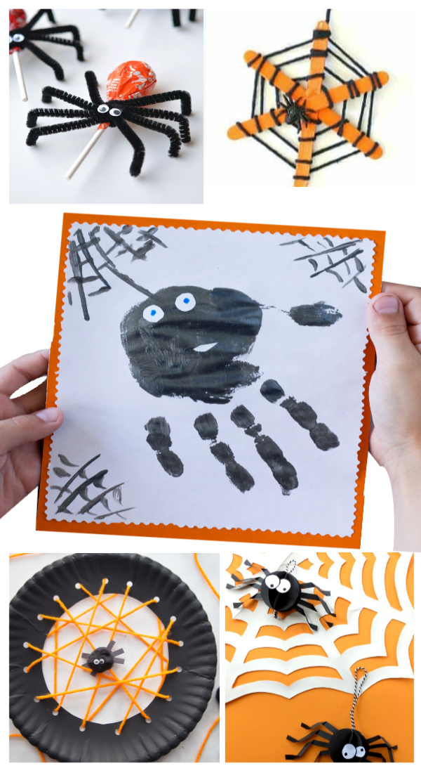 Make hand-print spiders for Halloween. Plus lots of other spider activities for kids. #spidercraft #spidercraftspreschool #spidercraftsfortoddlers #spidercraftsforkids #spiderart #spideractivitiesforpreschool #handprintart #handprintcrafts #handprintanimals #handprintspider #halloweencrafts #growingajeweledrose #activitiesforkids