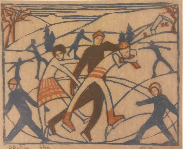 Eveline Syme linocut, Skating, 1929