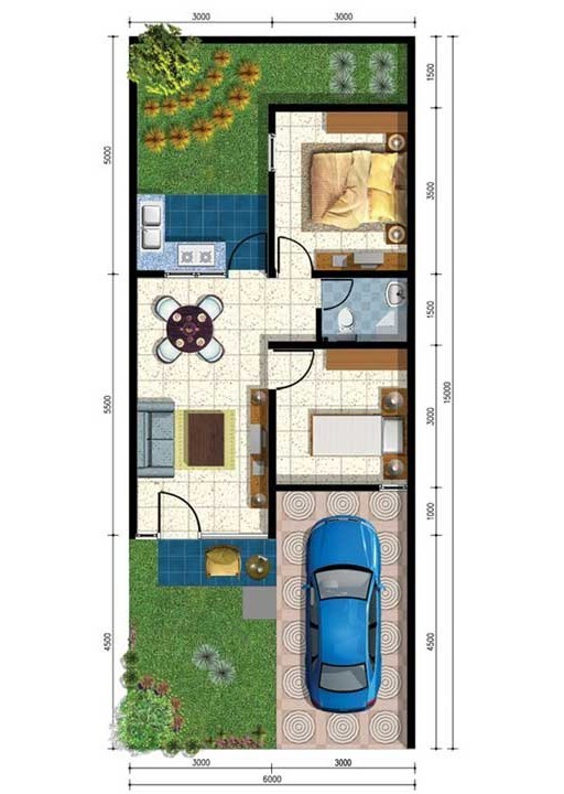  Denah  rumah  minimalis  ukuran  6x15 meter 2 kamar  tidur  1 