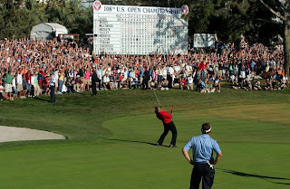 SAN DIEGO - JUNE 15: Tiger Woods reacts to his birdie putt on the 18th green to force a playoff with Rocco Mediate as Lee Westwood of England looks on during the final round of the 108th U.S. Open at the Torrey Pines Golf Course (South Course) on June 15, 2008 in San Diego, California. (Photo by Doug Pensinger/Getty Images)