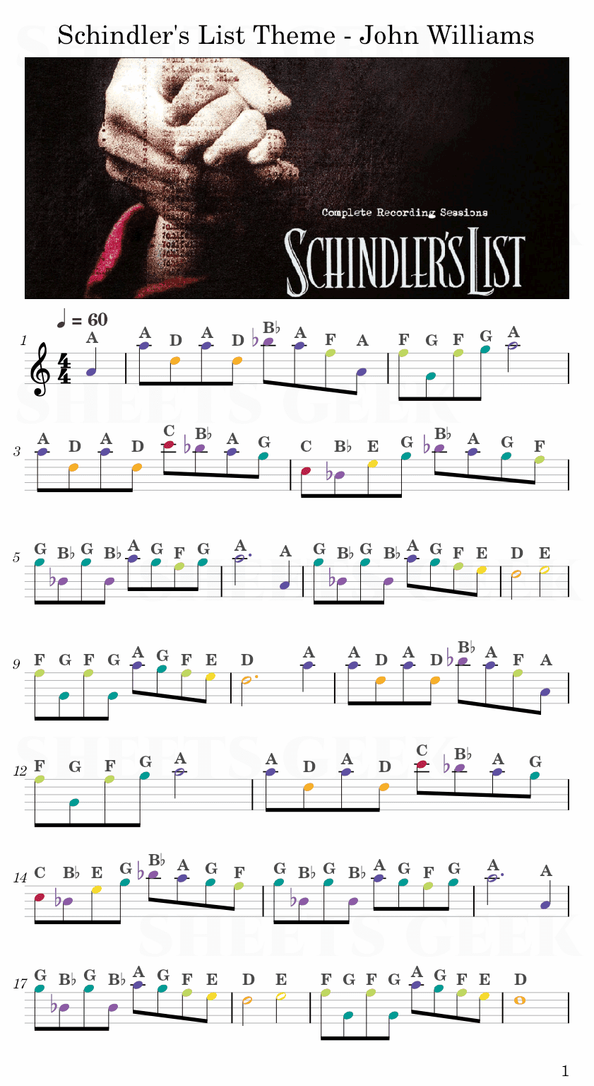 Schindler's List Theme - John Williams Easy Sheet Music Free for piano, keyboard, flute, violin, sax, cello page 1