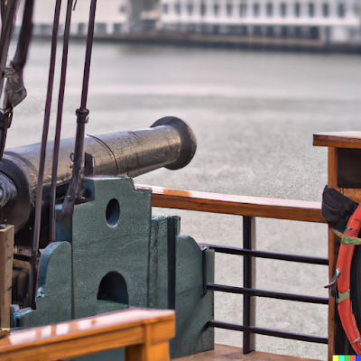 A cannon on a sailing ship