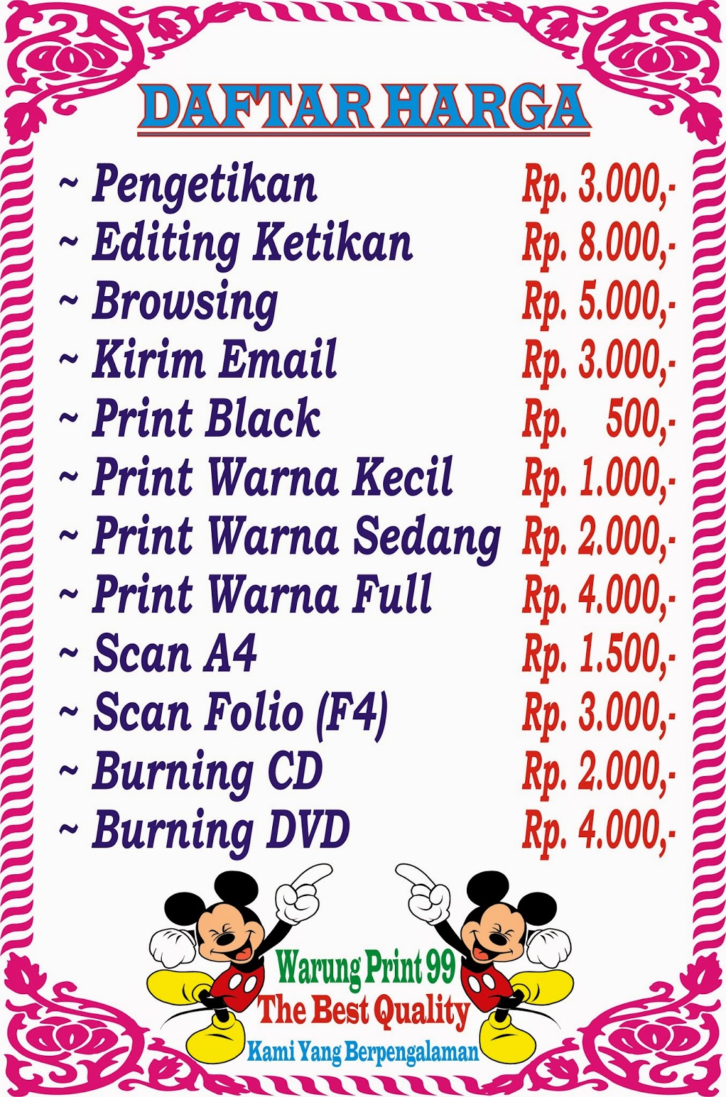 Warung Print 99 Daftar Harga 