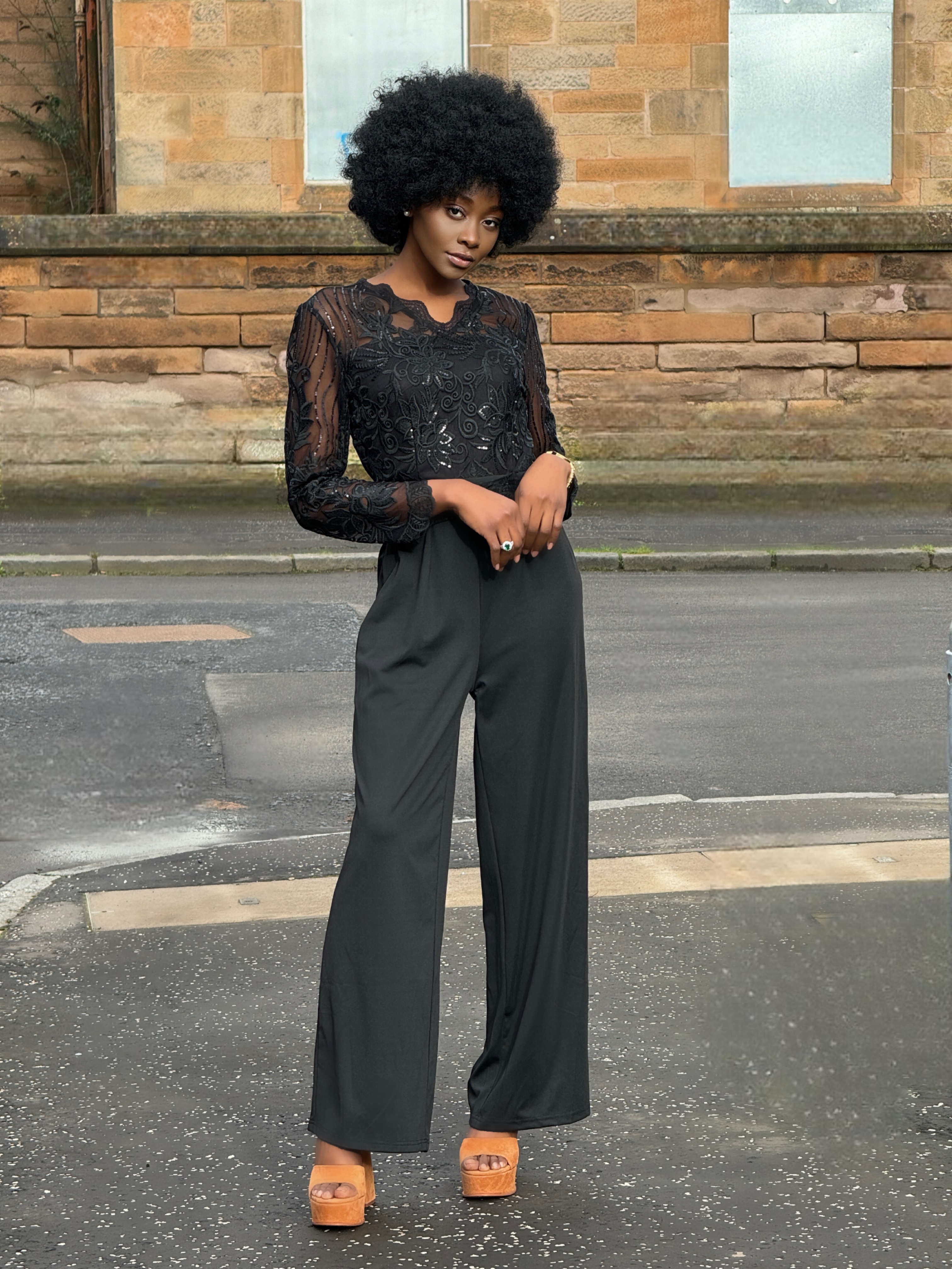 Day to night outfit idea: Lace Top Black Jumpsuit