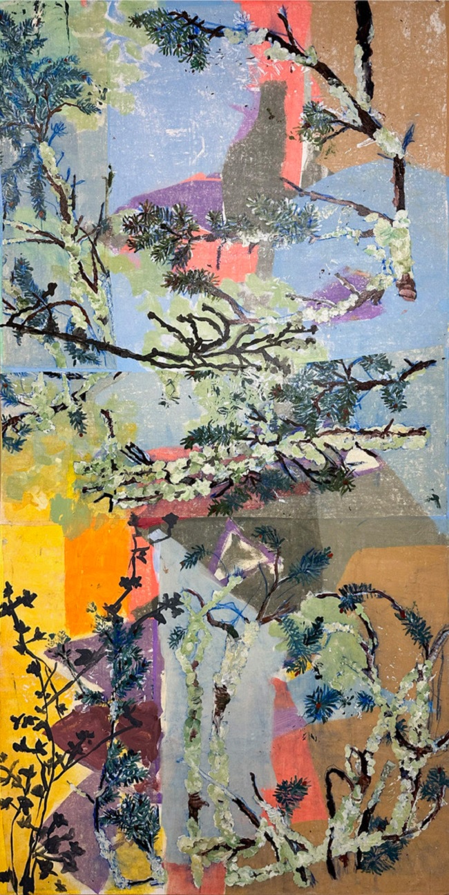 Pine Branches with Lichen (Grey Eye), by Roberto Juarez (2023), mixed media on canvas