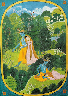 Radha and Krishna in the grove. The love of Krishna for the beautiful cowgirl is beloved by Hindus and celebrated in husbands of songs, stories, and picture. Nurpur painting, eighteenth century. Victoria and Albert Museum, London.