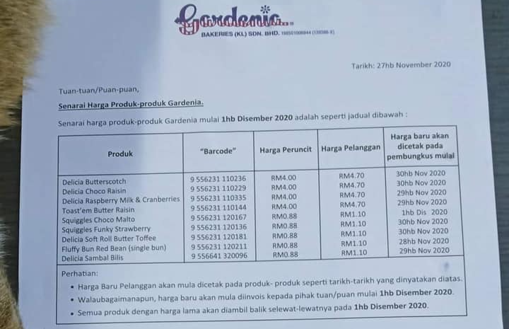 roti gardenia naik harga