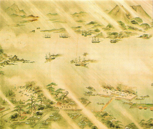 Some Satsuma's batteries, bombed by the British squadron, and British ships under the gun fire, painting attributed to Ryusatsu Yanagida, patronized Satsuma Domain