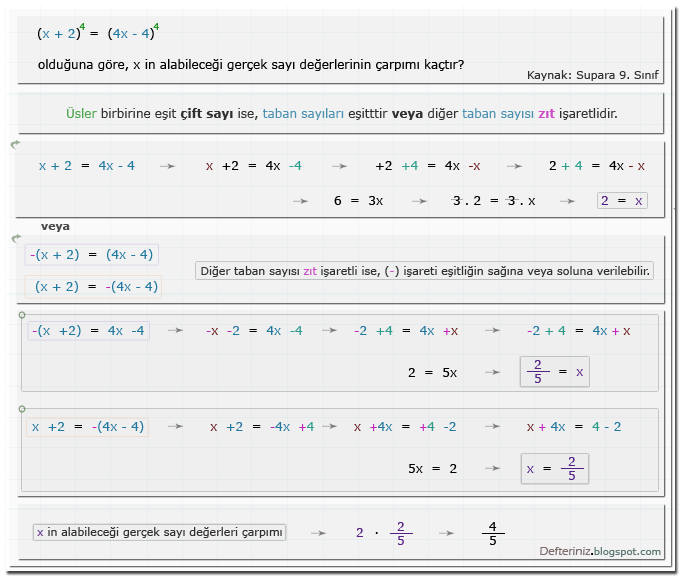 Örnek soru 7 » Üslü denklemler » üsleri aynı çift sayı olan denklem (Kaynak: Supara 9. Sınıf).