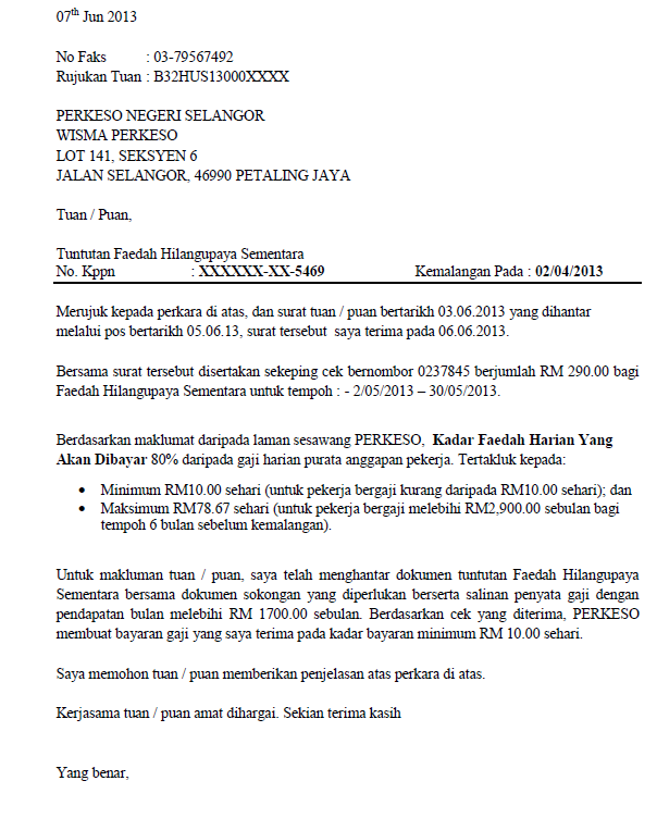 Surat Rasmi Untuk Perkeso - Surat W