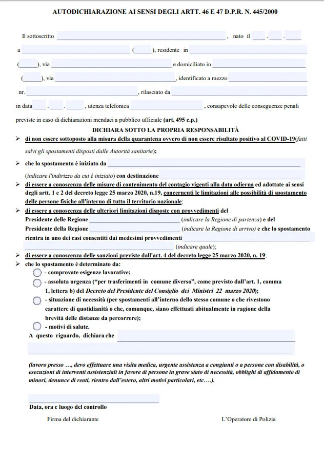 Modulo di autocertificazione per gli spostamenti del 26 marzo 2020