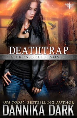 Deathtrap book cover, beautiful woman standing in an inferno, flames licking around her inside an apartment. Teddy bear on the ground and outside the window, a raven flying