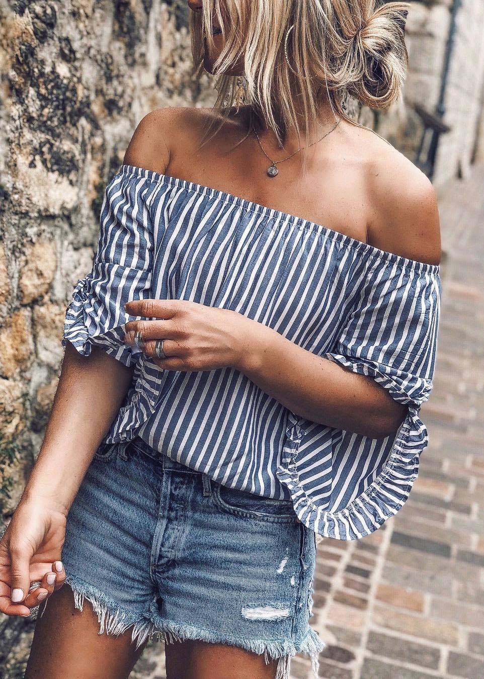 cute summer outfit idea / striped off shoulder top and shorts