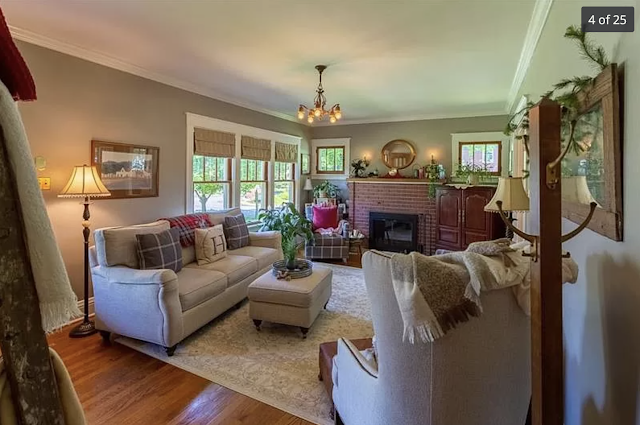 color photo of living room with fireplace and three windows, Sears Kilbourne 201 Iola Street Glenshaw Pennsylvania